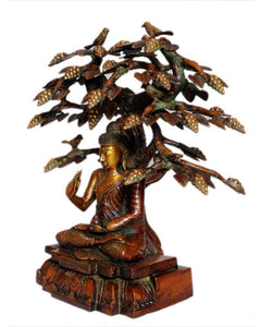 Brass seated Buddha statue with Bodhi tree branches above, ornate carved details