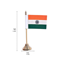 Brass Indian tabletop flag stand; height 12 in, width 6 in, tricolor flag