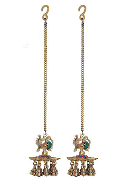 Pair of hanging brass peacock diya with long chain and 9-bell base, enamel detail