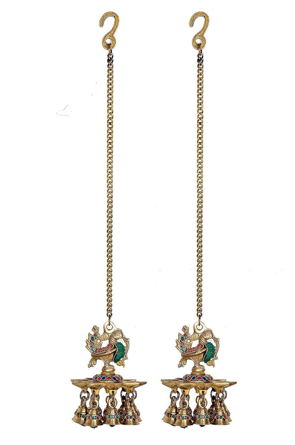 Brass Hanging Peacock 9 Nine Diya with 9 Nine Bells Deepak deepam Oil Diya for Diwali Pooja (Pair) Entryway Setting