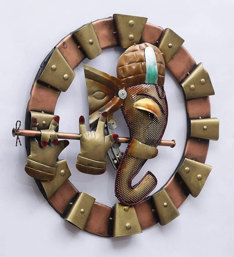 Iron Lord Ganesha playing flute Wall Decor with LED Light (Height: 18 Inches)