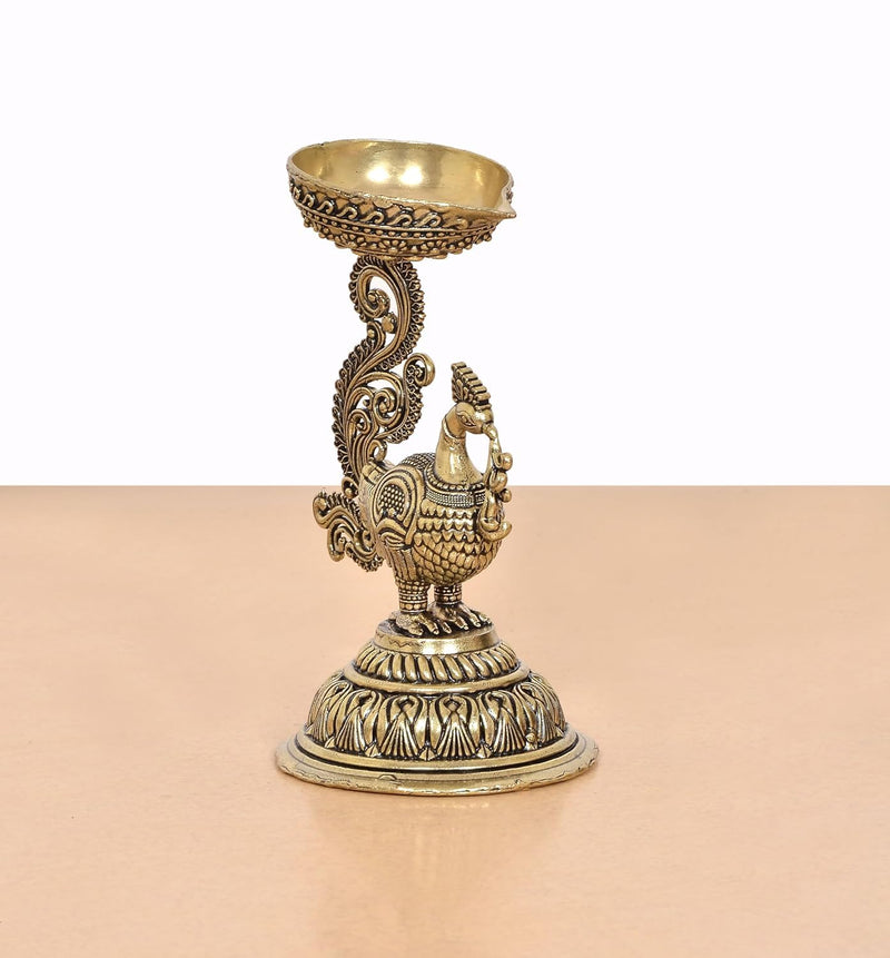 Bronze Oil Lamp On Peacock | Diya Stand Statue (Height: 3 Inches)