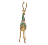 Brass reindeer figurine with green coat, red jeweled collar, and gold antlers, back view