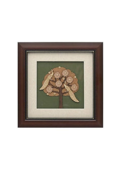 Peacock on tree wooden wall art, dark brown frame, 8x8 in