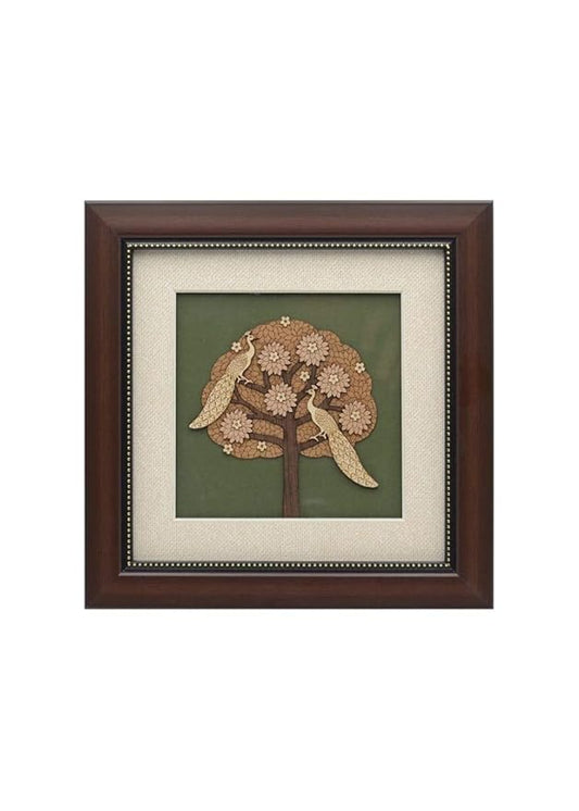 Wooden Art Work 2 Peacock Sitting On Tree Frame Wall Decor 8 x 8 Inch