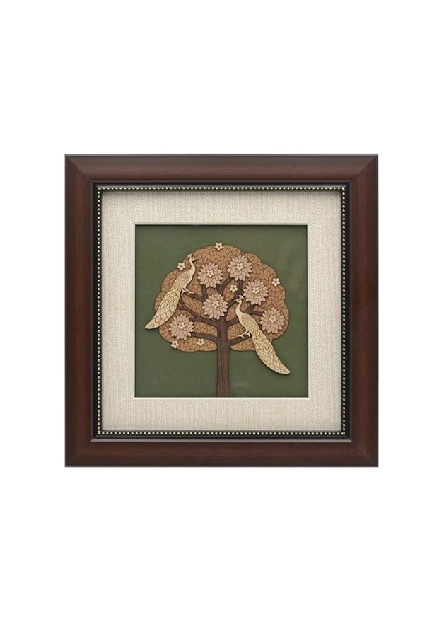 Wooden Art Work 2 Peacock Sitting On Tree Frame Wall Decor 8 x 8 Inch Craft Detail