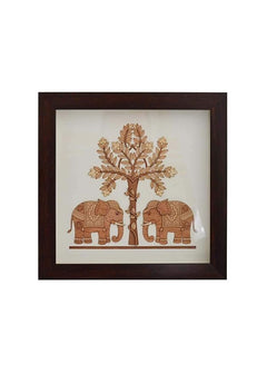 Wooden elephant and tree wall decor in dark wood frame, 8 x 8 inch