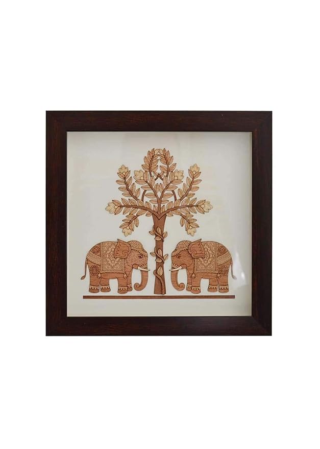 Wooden Art Work 2 Elephant With Tree Frame Wall Decor 8 x 8 Inch Craft Detail