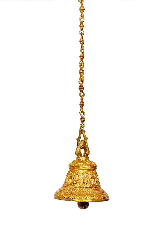 Ganesha Solid Bell with Deep Sound Antique Style Home Decor for Wall Door Mandir Temple Brass (Height: 37 Inch)