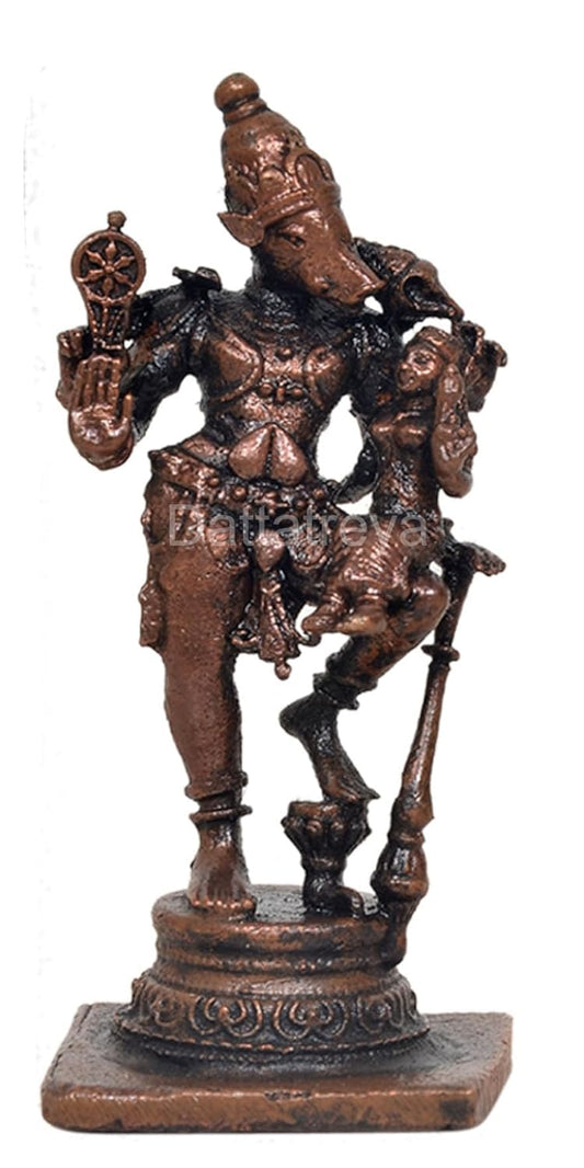 Copper Varaga Lakshmi Varaha Carrying Bhudevi Statue for Home, Mandir Pooja Decor Idol (Height: 2.5 Inch)