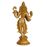 Back view of gold-tone Maa Saraswati statue with circular halo and detailed drapery