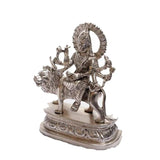 Silver-finish brass Maa Durga statue on lion, detailed arms and halo, 22.86 cm