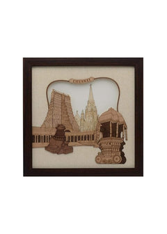 Wooden wall decor frame with arched Chennai landmark relief and buildings