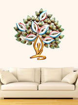 Yoga tree metal wall art with illuminated multicolor lotus leaves and raised prayer hands