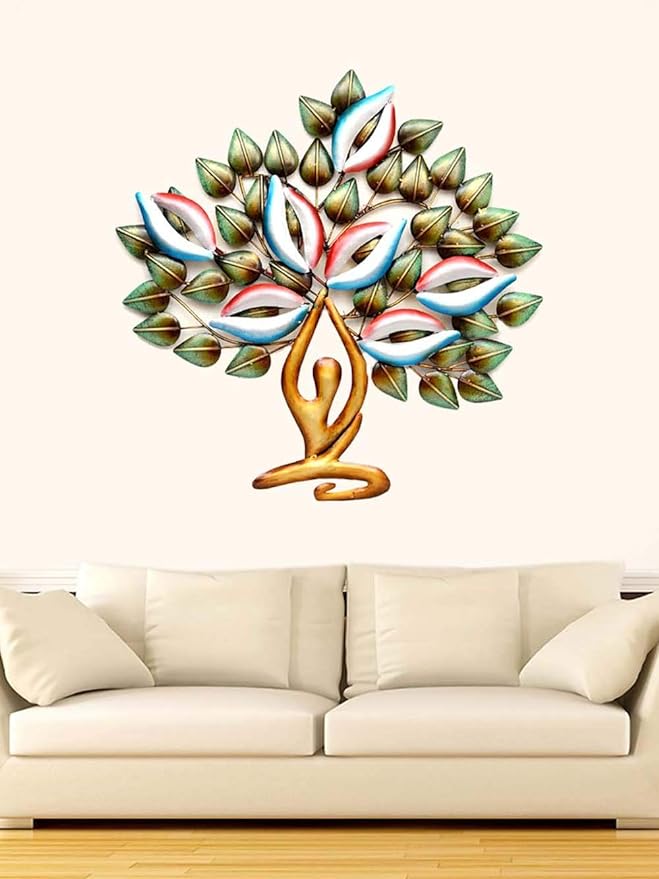 Iron yoga tree wall sculpture with multicolor LED leaves and hands in prayer pose