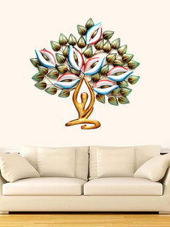 Iron yoga tree wall sculpture with multicolor LED leaves and hands in prayer pose