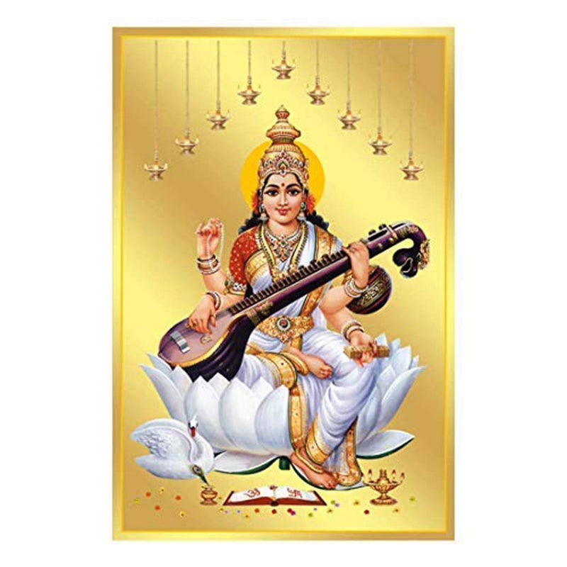 Maa Saraswati Poster Foil Plated Length 18 Inch X Width 12 Inch,multicolor