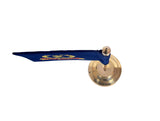 Side view tabletop flag: navy fabric with crest, mounted on gold brass stand
