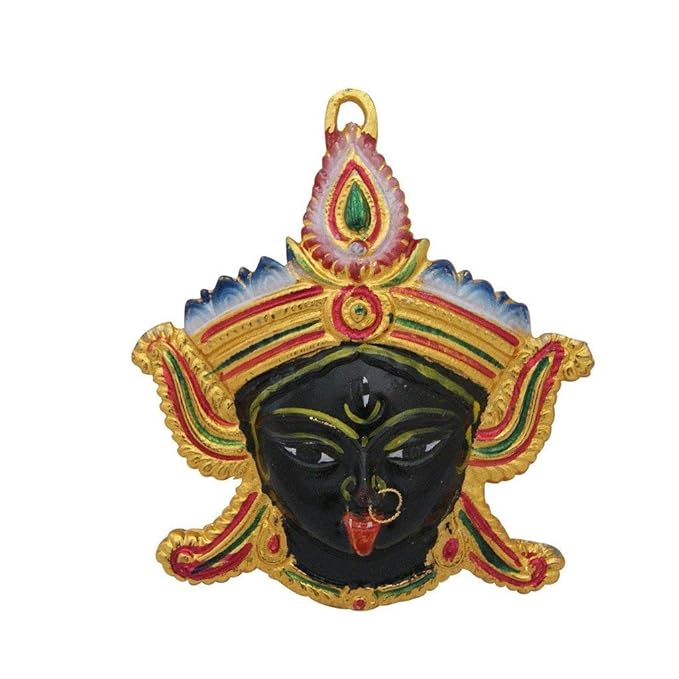 Kali Maa face wall hanging with colorful crown and gold trim, hanging loop on top