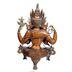 Brass Goddess Tara statue, back view with detailed halo crown and four-arm poses