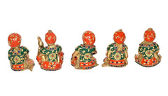 Rajasthani music figurines set, brass seated musicians from side view in red-green attire