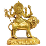Maa Durga golden brass statue on lion, crown halo and seated pose