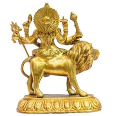 Maa Durga golden brass statue on lion, crown halo and seated pose