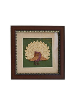 Dancing peacock wooden wall artwork in dark-brown square frame with beaded border