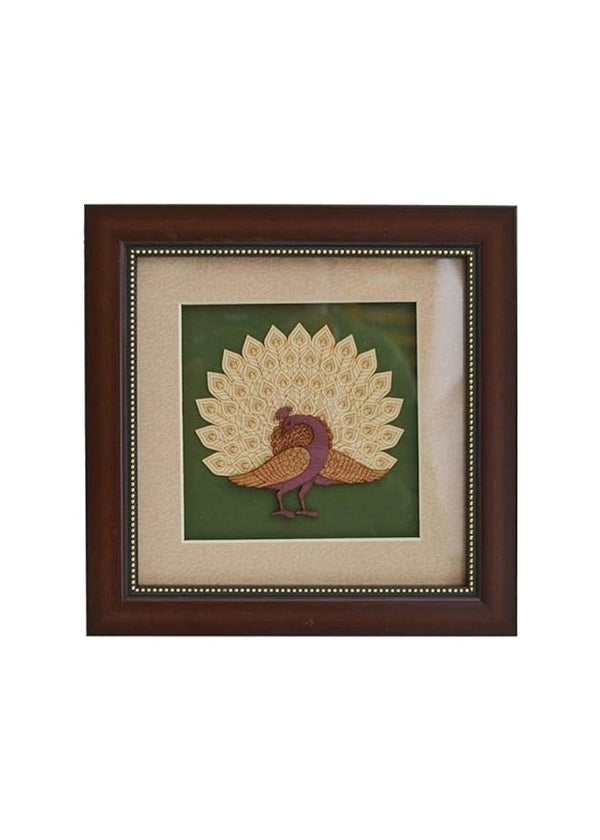 Wooden Art Work Dancing Peacock Frame Wall Decor 8 x 8 Inch Entryway Setting