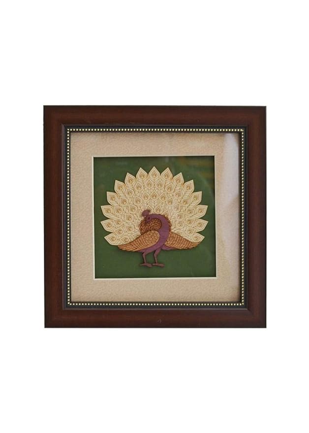 Wooden Art Work Dancing Peacock Frame Wall Decor 8 x 8 Inch Craft Detail