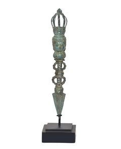 Bronze Tibetan ritual phurpa dagger with crown handle and pointed blade on square base