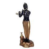 Large black Krishna idol statue with flute, brass finish and gold accents, standing pose