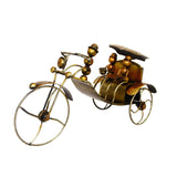 Ant bicycle iron figurine pulling rickshaw, gold-toned details, dark bronze body