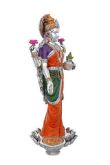 Lakshmi figurine sculpture, silver-plated resin with orange sari and dark green drape
