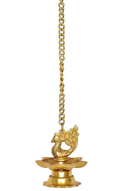 Brass chain-hanging diya lamp with peacock motif bowl top