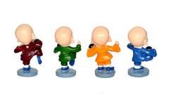 Resin kungfu monk figurines set, back view: maroon, green, orange, blue on round bases