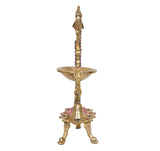 Brass peacock diya stand with oil bowl on tripod legs and hanging chain bell