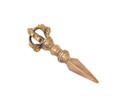 Brass furba phurpa angled view, engraved handle with dorje vajra loop guard