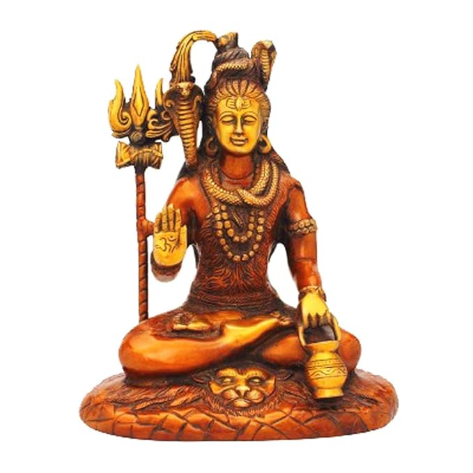 Sitting Lord Shiva brass statue, copper-red finish, trident and raised hand