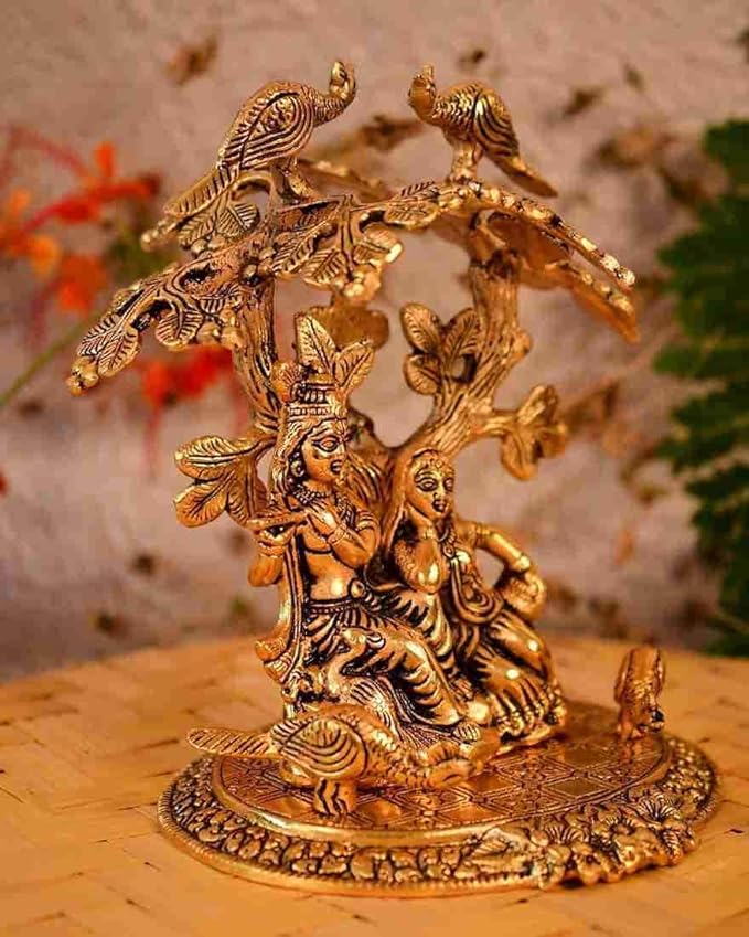 Golden Metal Radha Krishna Sitting Under Tree Idol | Radha Krishna Statue Showpiece for Gift Temple Puja Room Home Decor Height 24 Cm