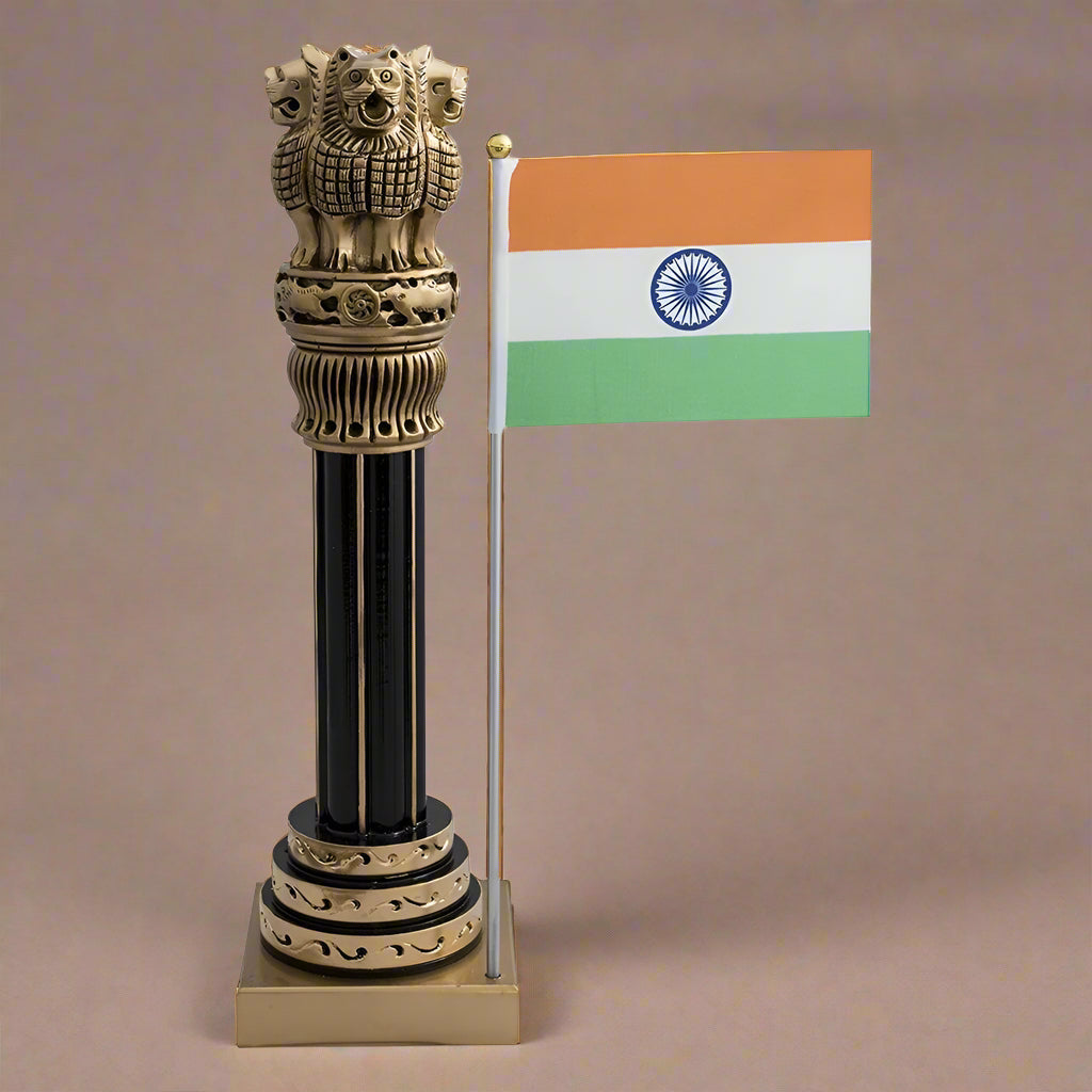 Wooden Ashoka stambh emblem with India flag on desk stand