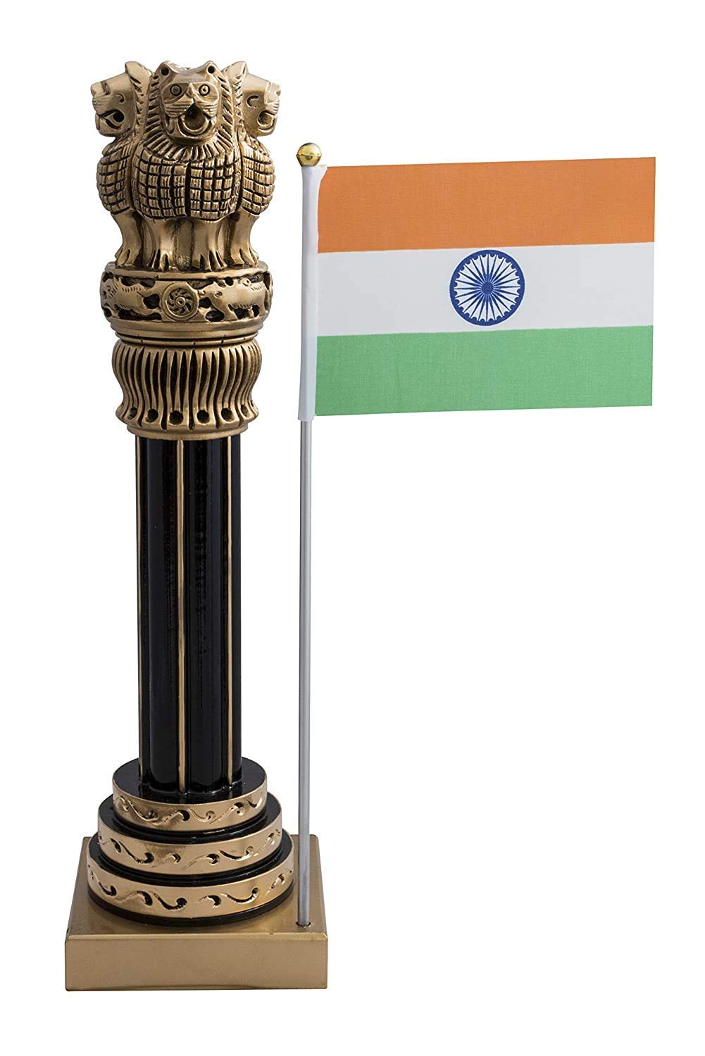 Wooden Ashok Chakra Pillar Showpiece with National Flag Height : 8 inches