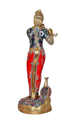 Krishna idol statue back/side view, blue-and-red outfit with peacock on rounded brass base