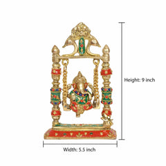 Brass Ganesha swing jhula decorative stand with red and green enamel details