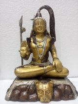 Brass Shivji idol statue seated with trident and raised palm, brass finish