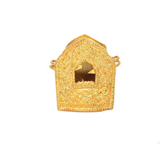 Ornate gold-toned Tibetan gau box front with dark window and loop handles