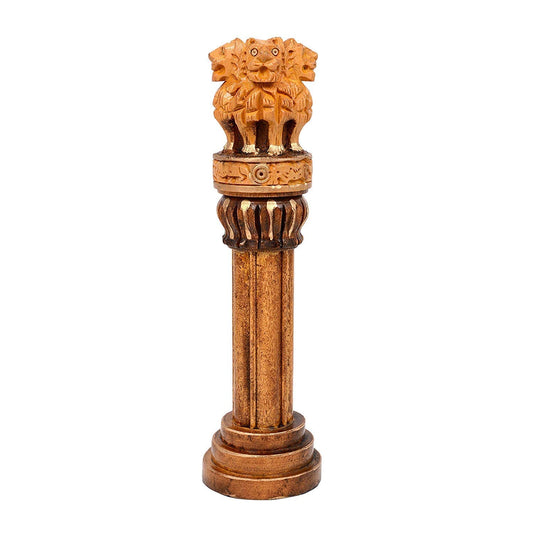 Wooden Ashoka Stambh Emblem India Ashok Chakra Pillar Memento Sculpture Home Office Desk Artwork Showpiece | Height : 10 inch