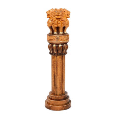 Wooden Ashoka stambh emblem statue with lion top and fluted pillar, warm brown