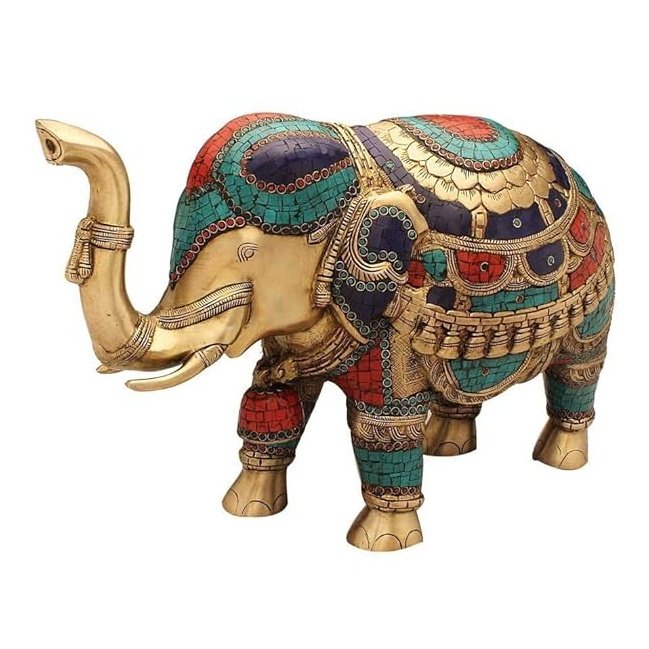 Brass elephant inlay work statue with colorful mosaic detailing, full view