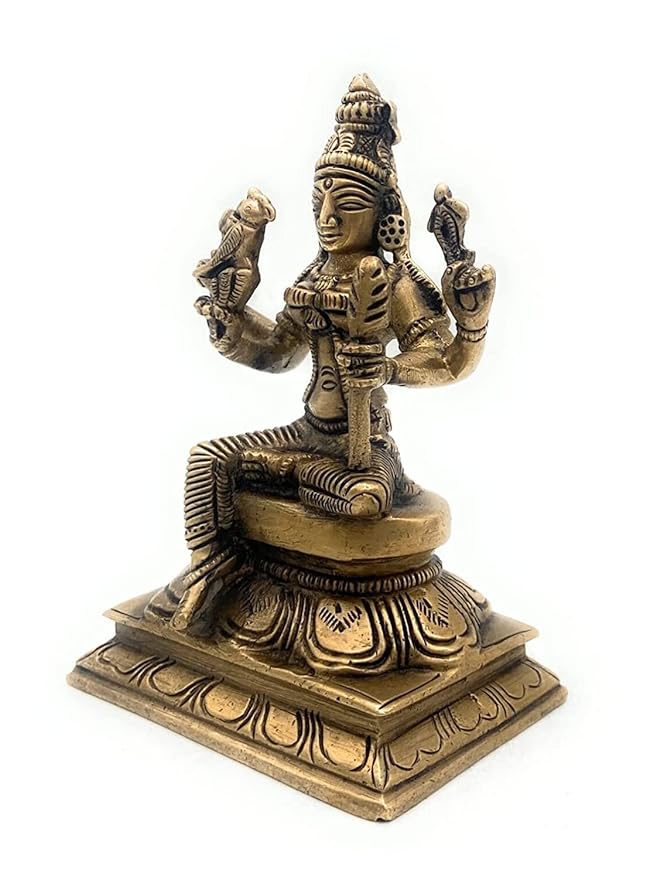 Handmade Goddess MEENAKSHI Amman Parvati with Parrot Golden Brass Statue (Height: 5 Inches)